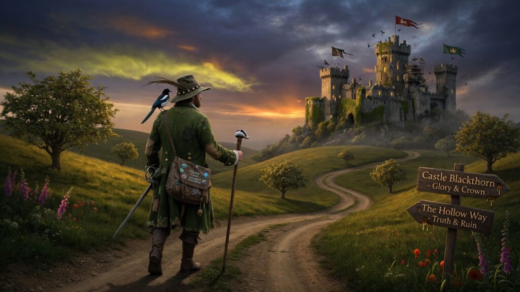 Герой на дороге к замку в духе британского фэнтези Fable