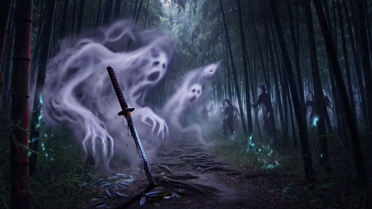Редакционная иллюстрация столкновения с yokai в бамбуковом лесу
